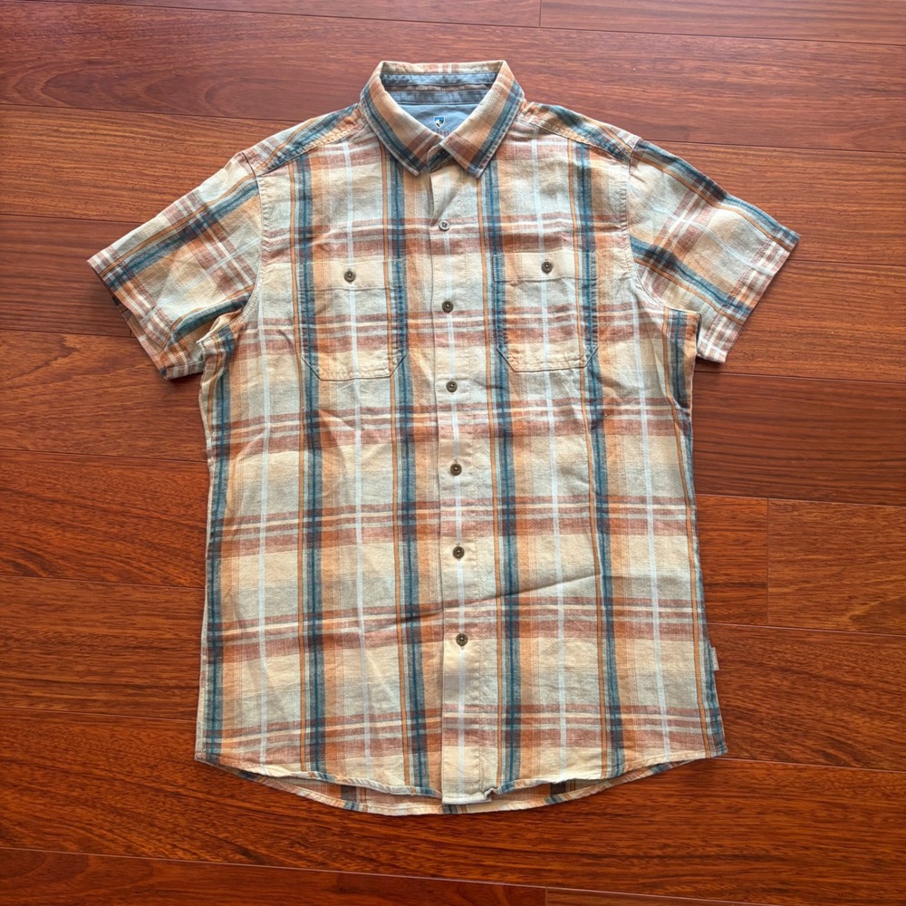 Kuhl Mens Small Tapered Fit Plaid Short Sleeve Button Down Shirt Orange Blue